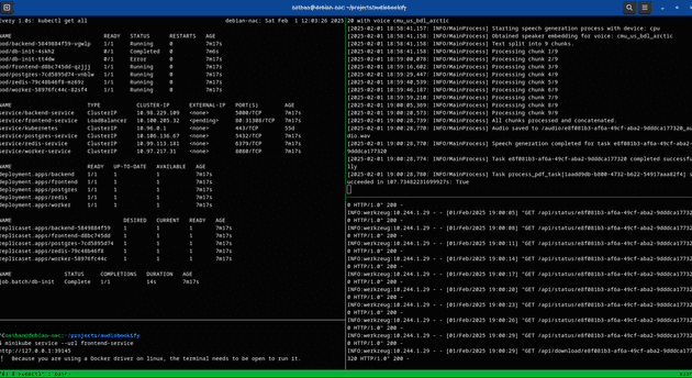 Screenshot of Kubernetes processes and application logs in terminal