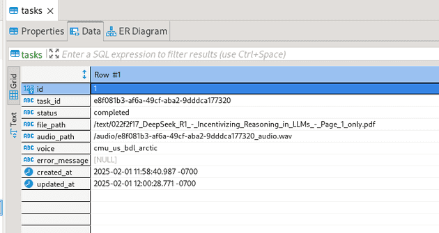 Processed task in DB tasks table, shown in DBeaver